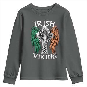 Irish Viking Youth Sweatshirt Vintage Shamrock Celtic Viking Skull TS11 Dark Heather Print Your Wear