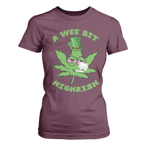 Funny St Patrick's Day Cannabis Weed T Shirt For Women A Wee Bit Highrish Shamrock TS11 Maroon Print Your Wear