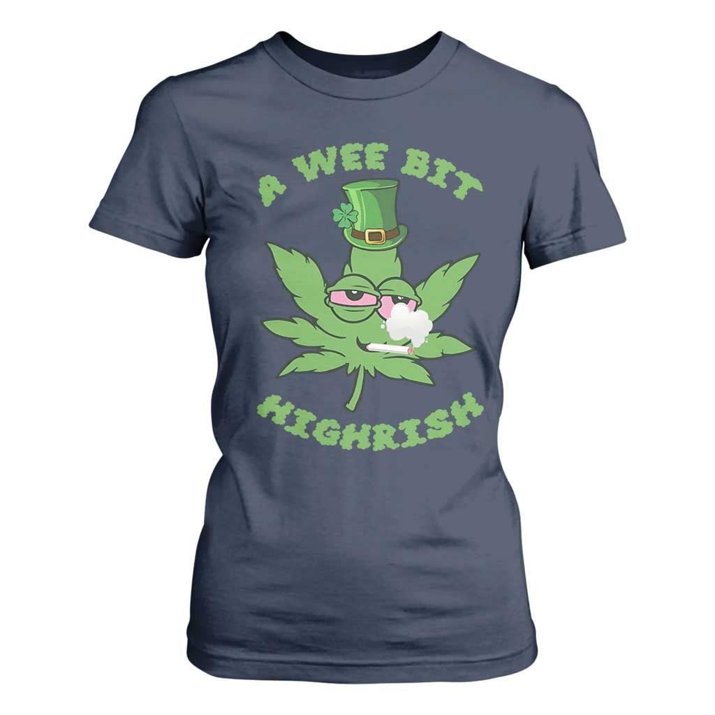 Funny St Patrick's Day Cannabis Weed T Shirt For Women A Wee Bit Highrish Shamrock TS11 Navy Print Your Wear