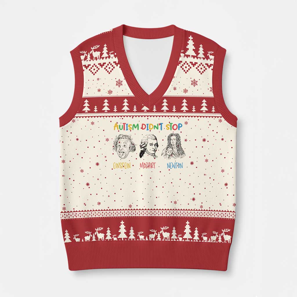 Autism Didn't Stop Einstein Mozart Newton V-Neck Knit Sweater Vest Autism Awareness TS11 Beige Red Print Your Wear