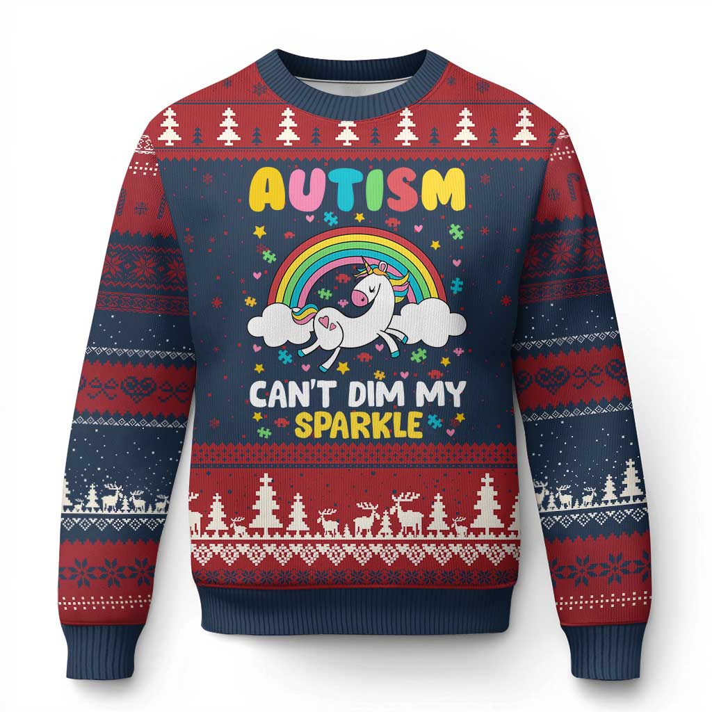 Funny Autism Can't Dim My Sparkle Ugly Christmas Sweater Autism Awareness Unicorn Rainbow TS11 Navy Red Print Your Wear