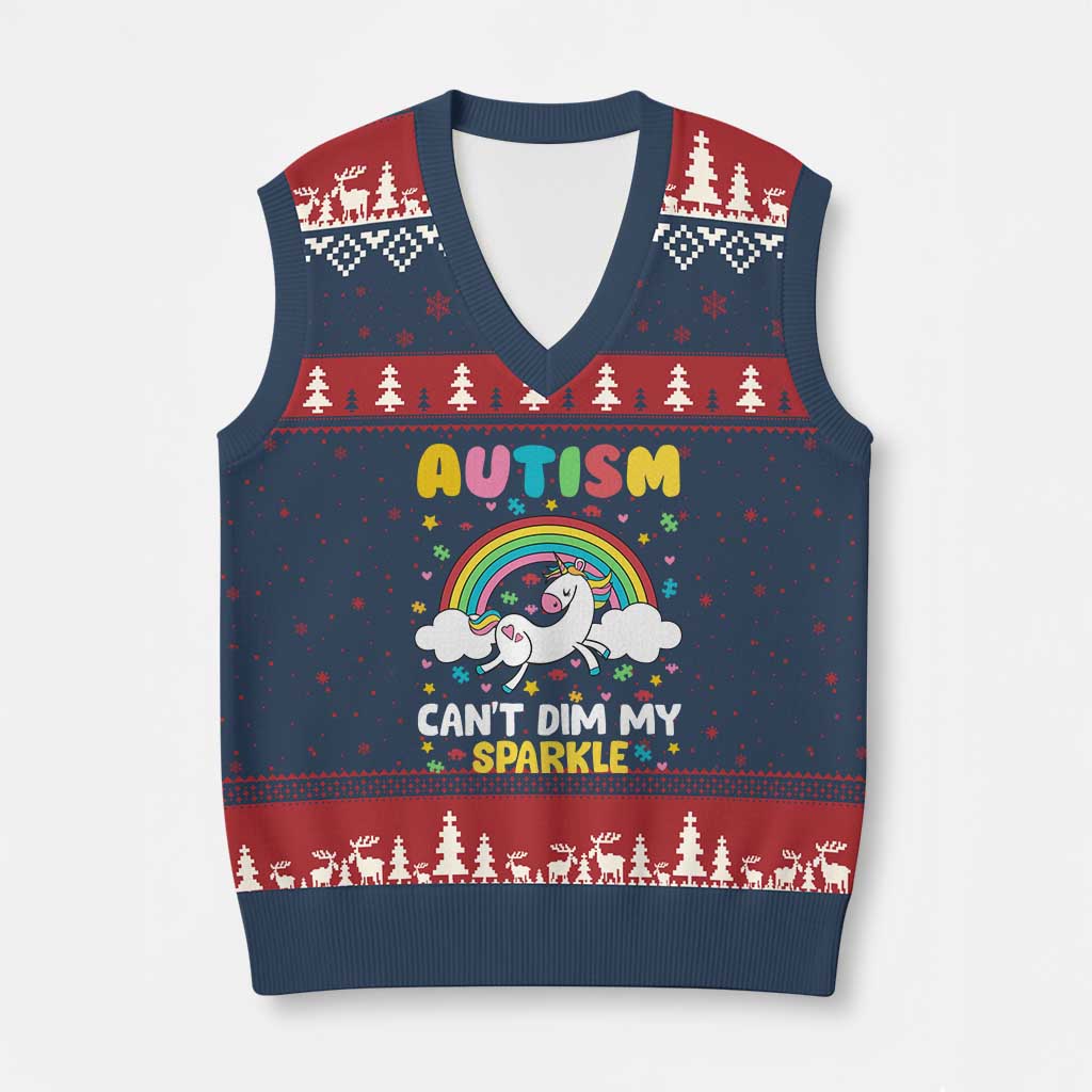 Funny Autism Can't Dim My Sparkle V-Neck Knit Sweater Vest Autism Awareness Unicorn Rainbow TS11 Navy Red Print Your Wear