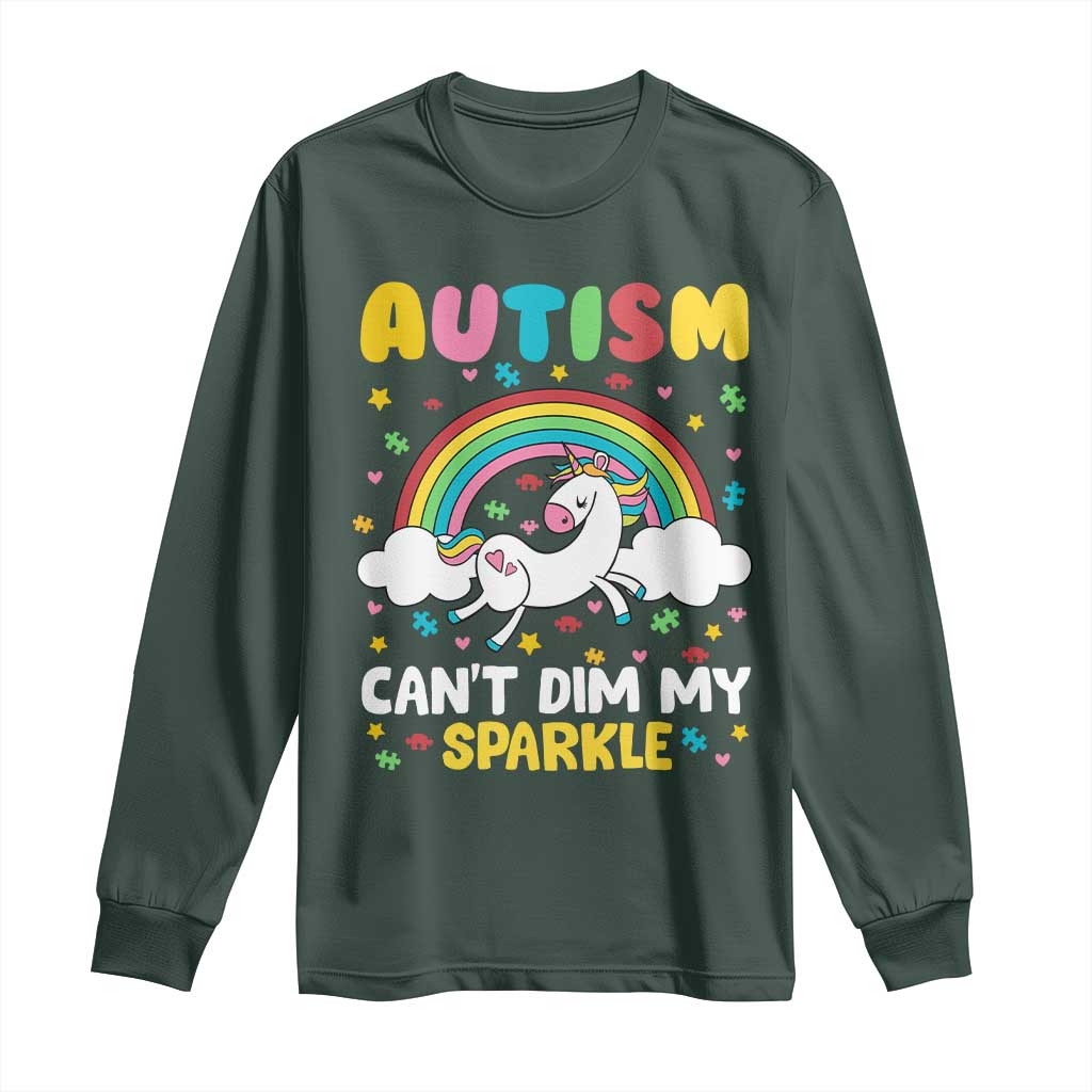 Funny Autism Can't Dim My Sparkle Long Sleeve Shirt Autism Awareness Unicorn Rainbow TS11 Dark Forest Green Print Your Wear