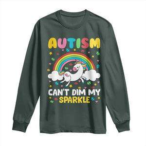 Funny Autism Can't Dim My Sparkle Long Sleeve Shirt Autism Awareness Unicorn Rainbow TS11 Dark Forest Green Print Your Wear