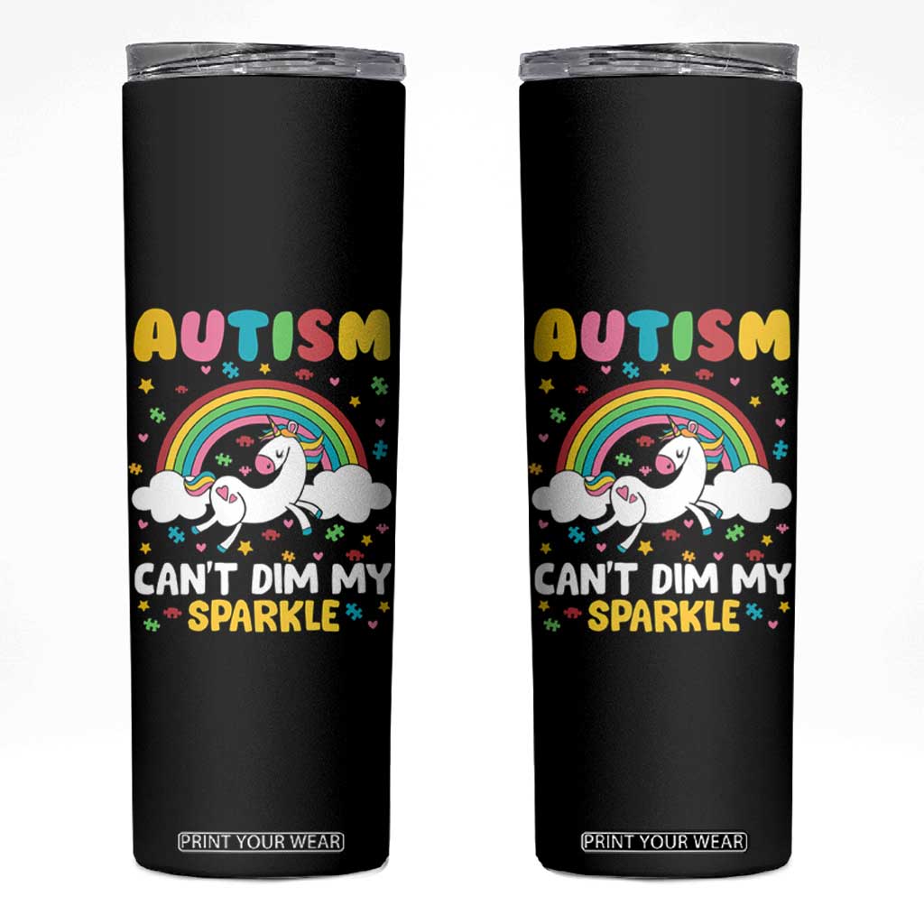 Funny Autism Can't Dim My Sparkle Skinny Tumbler Autism Awareness Unicorn Rainbow TS11 Black Print Your Wear