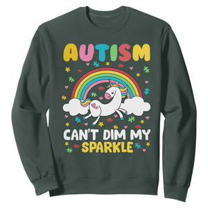 Funny Autism Can't Dim My Sparkle Sweatshirt Autism Awareness Unicorn Rainbow TS11 Dark Forest Green Print Your Wear