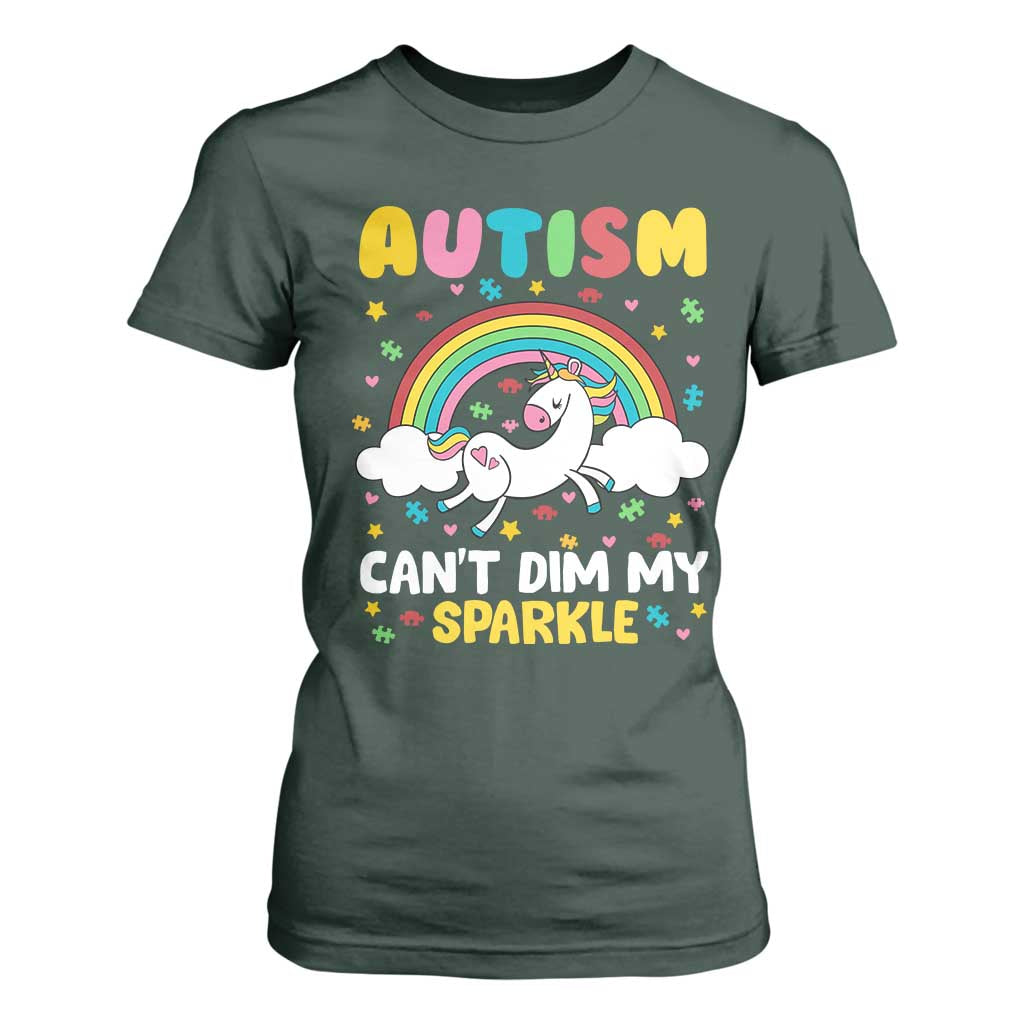 Funny Autism Can't Dim My Sparkle T Shirt For Women Autism Awareness Unicorn Rainbow TS11 Dark Forest Green Print Your Wear