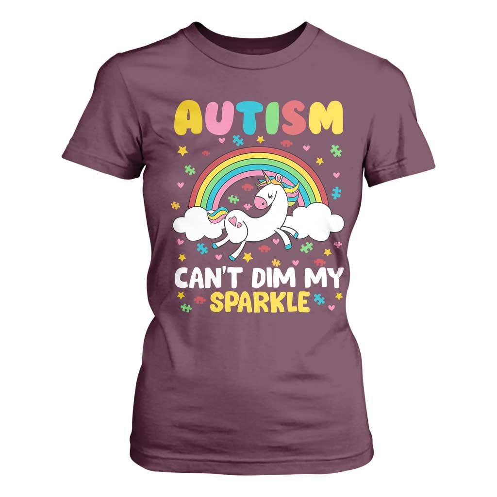 Funny Autism Can't Dim My Sparkle T Shirt For Women Autism Awareness Unicorn Rainbow TS11 Maroon Print Your Wear