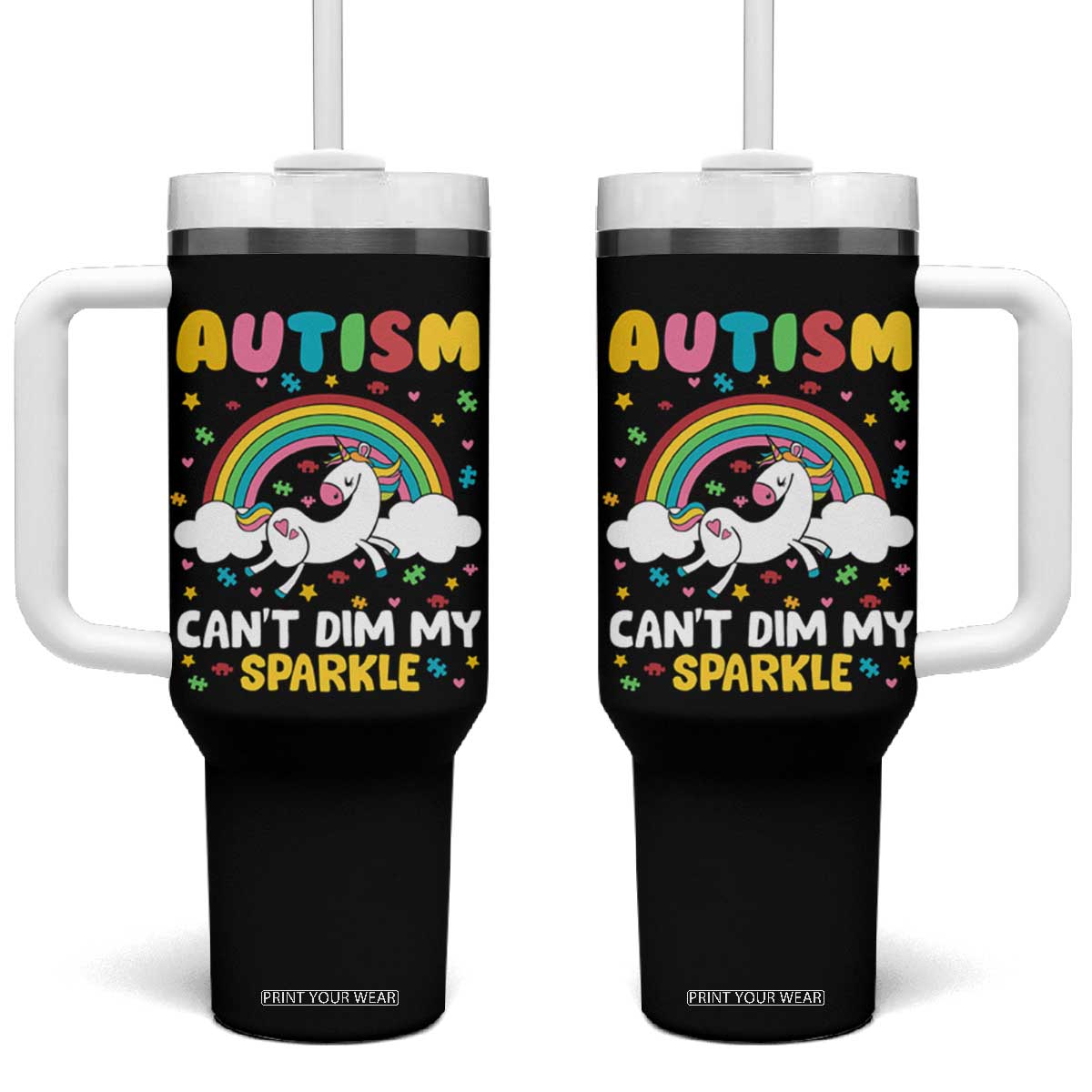 Funny Autism Can't Dim My Sparkle Tumbler With Handle Autism Awareness Unicorn Rainbow TS11 One Size: 40 oz Black Print Your Wear