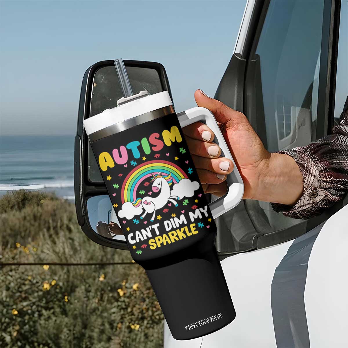 Funny Autism Can't Dim My Sparkle Tumbler With Handle Autism Awareness Unicorn Rainbow TS11 Print Your Wear