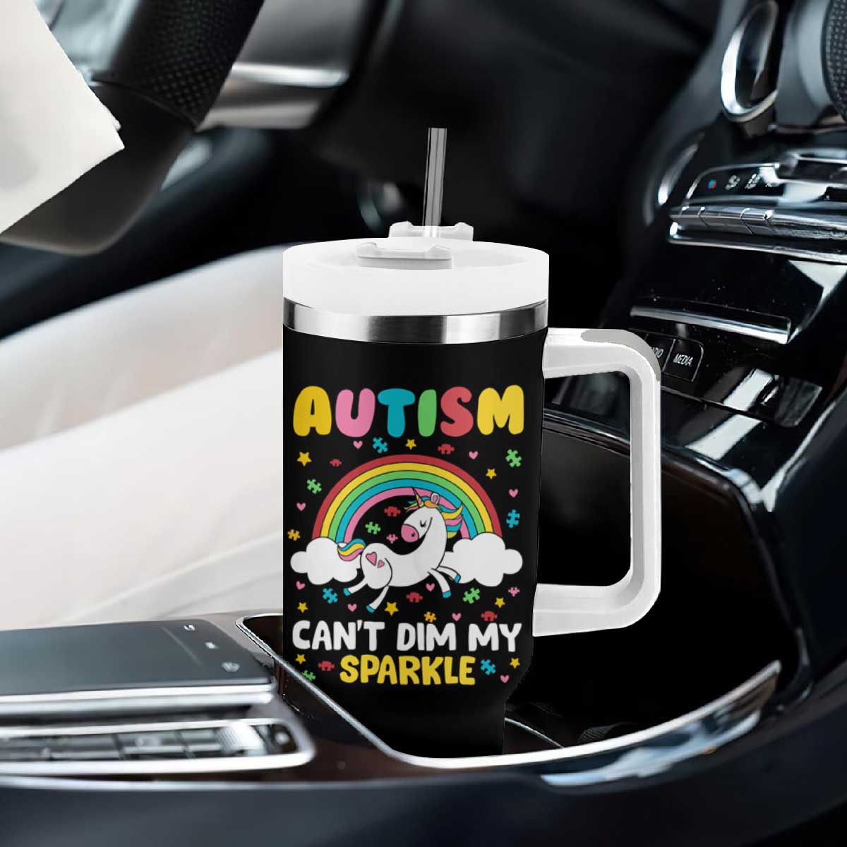 Funny Autism Can't Dim My Sparkle Tumbler With Handle Autism Awareness Unicorn Rainbow TS11 Print Your Wear