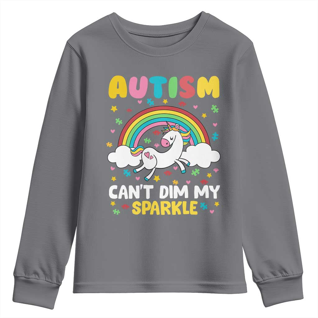 Funny Autism Can't Dim My Sparkle Youth Sweatshirt Autism Awareness Unicorn Rainbow TS11 Charcoal Print Your Wear