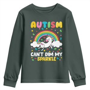 Funny Autism Can't Dim My Sparkle Youth Sweatshirt Autism Awareness Unicorn Rainbow TS11 Dark Forest Green Print Your Wear