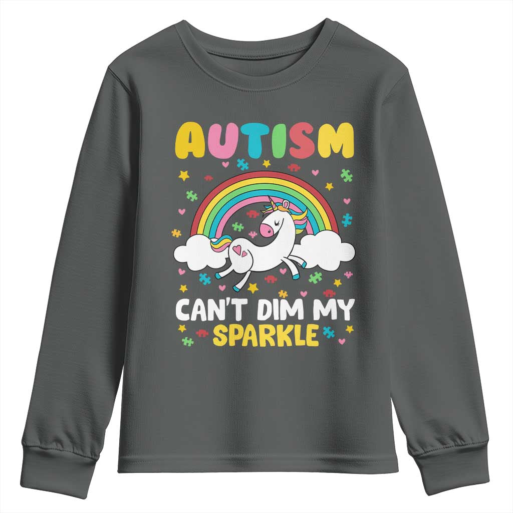 Funny Autism Can't Dim My Sparkle Youth Sweatshirt Autism Awareness Unicorn Rainbow TS11 Dark Heather Print Your Wear