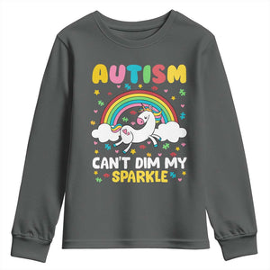 Funny Autism Can't Dim My Sparkle Youth Sweatshirt Autism Awareness Unicorn Rainbow TS11 Dark Heather Print Your Wear
