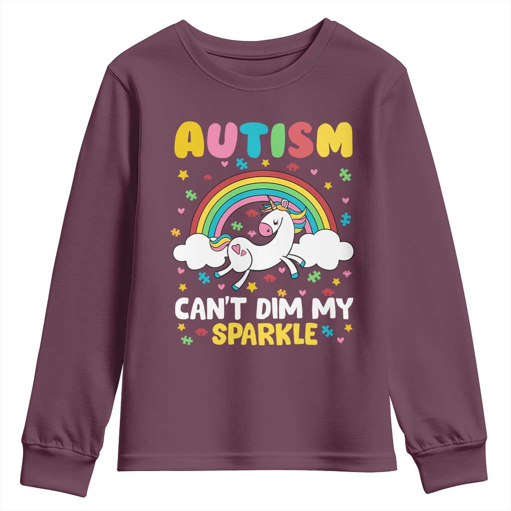 Funny Autism Can't Dim My Sparkle Youth Sweatshirt Autism Awareness Unicorn Rainbow TS11 Maroon Print Your Wear