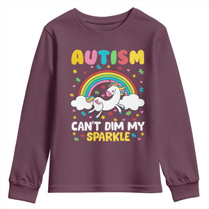 Funny Autism Can't Dim My Sparkle Youth Sweatshirt Autism Awareness Unicorn Rainbow TS11 Maroon Print Your Wear