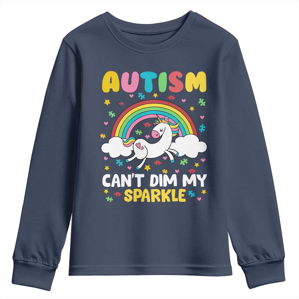 Funny Autism Can't Dim My Sparkle Youth Sweatshirt Autism Awareness Unicorn Rainbow TS11 Navy Print Your Wear