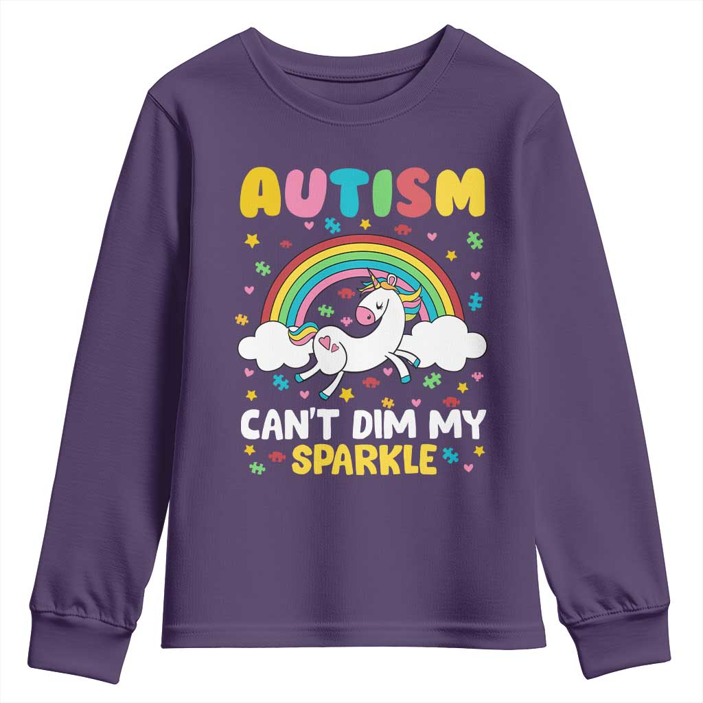 Funny Autism Can't Dim My Sparkle Youth Sweatshirt Autism Awareness Unicorn Rainbow TS11 Purple Print Your Wear