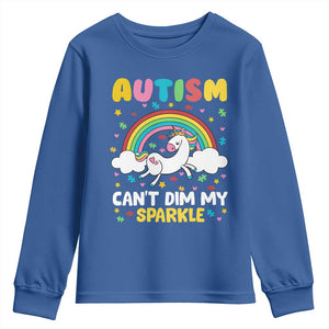Funny Autism Can't Dim My Sparkle Youth Sweatshirt Autism Awareness Unicorn Rainbow TS11 Royal Blue Print Your Wear