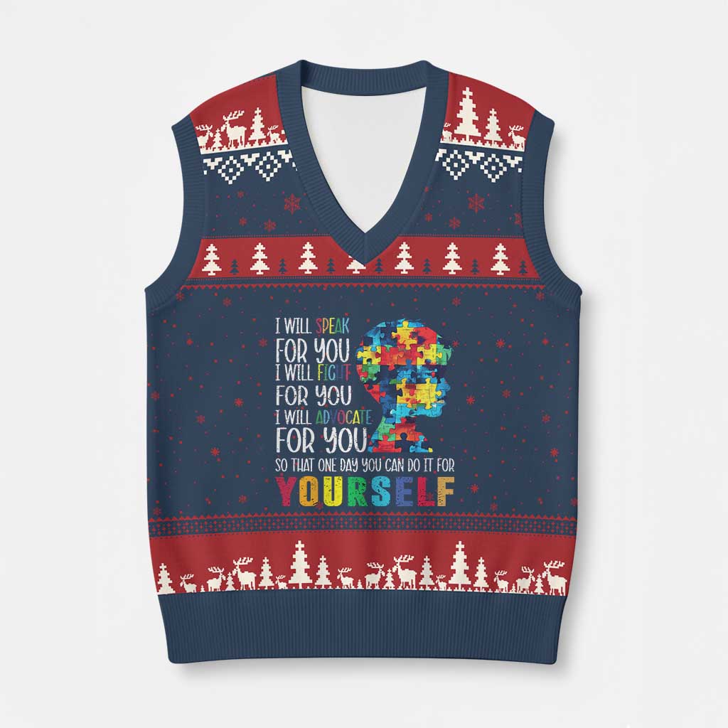 Autism Awareness V-Neck Knit Sweater Vest I Will Speak Fight Advocate For You So That One Day You Can Do It TS11 Navy Red Print Your Wear