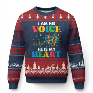 I Am His Voice He Is My Heart Ugly Christmas Sweater Autism Awareness Puzzle Piece TS11 Navy Red Print Your Wear