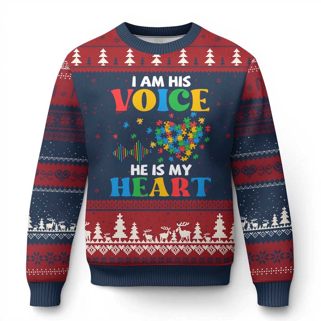I Am His Voice He Is My Heart Ugly Christmas Sweater Autism Awareness Puzzle Piece TS11 Navy Red Print Your Wear