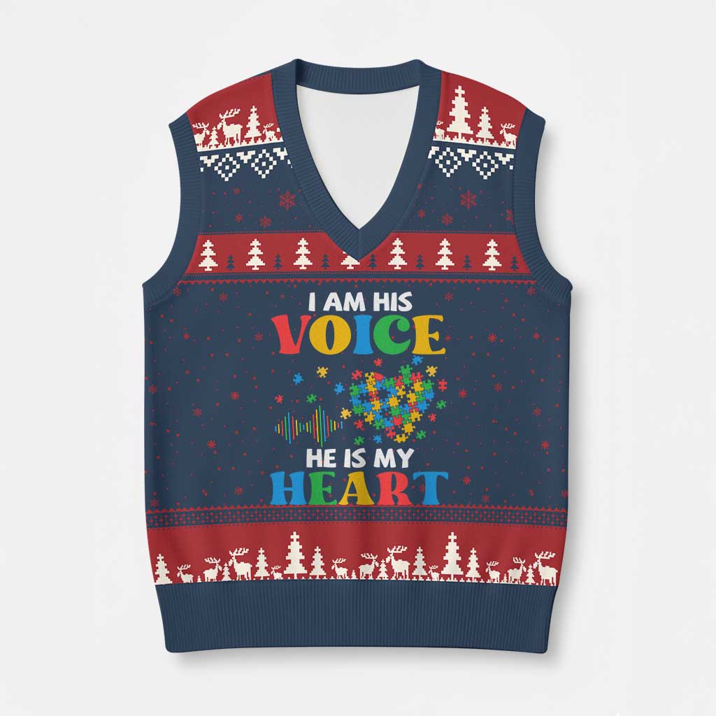 I Am His Voice He Is My Heart V-Neck Knit Sweater Vest Autism Awareness Puzzle Piece TS11 Navy Red Print Your Wear