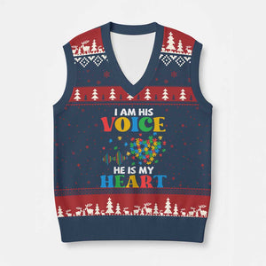I Am His Voice He Is My Heart V-Neck Knit Sweater Vest Autism Awareness Puzzle Piece TS11 Navy Red Print Your Wear