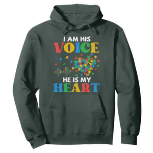 I Am His Voice He Is My Heart Hoodie Autism Awareness Puzzle Piece TS11 Dark Forest Green Print Your Wear