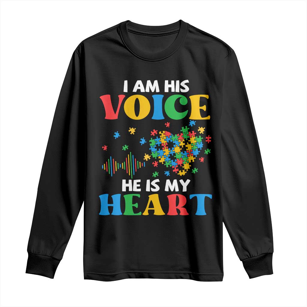I Am His Voice He Is My Heart Long Sleeve Shirt Autism Awareness Puzzle Piece TS11 Black Print Your Wear