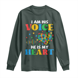 I Am His Voice He Is My Heart Long Sleeve Shirt Autism Awareness Puzzle Piece TS11 Dark Forest Green Print Your Wear