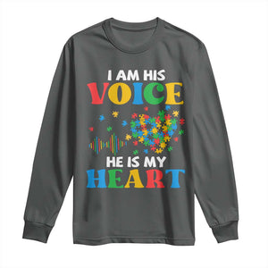 I Am His Voice He Is My Heart Long Sleeve Shirt Autism Awareness Puzzle Piece TS11 Dark Heather Print Your Wear