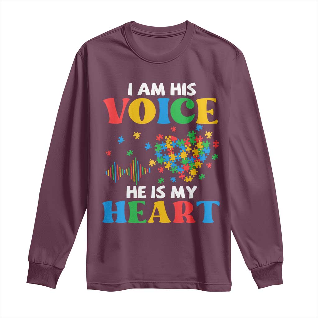 I Am His Voice He Is My Heart Long Sleeve Shirt Autism Awareness Puzzle Piece TS11 Maroon Print Your Wear