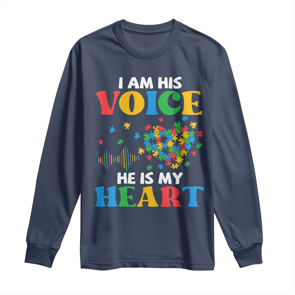 I Am His Voice He Is My Heart Long Sleeve Shirt Autism Awareness Puzzle Piece TS11 Navy Print Your Wear