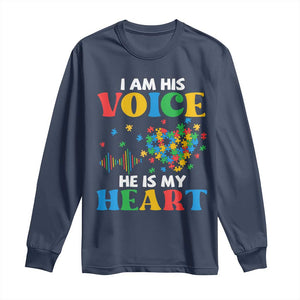 I Am His Voice He Is My Heart Long Sleeve Shirt Autism Awareness Puzzle Piece TS11 Navy Print Your Wear