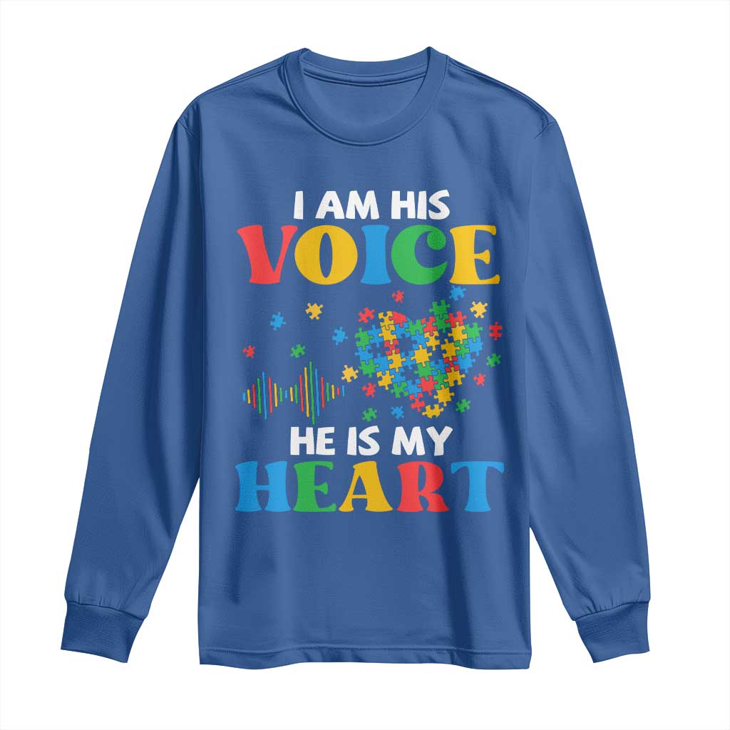 I Am His Voice He Is My Heart Long Sleeve Shirt Autism Awareness Puzzle Piece TS11 Royal Blue Print Your Wear
