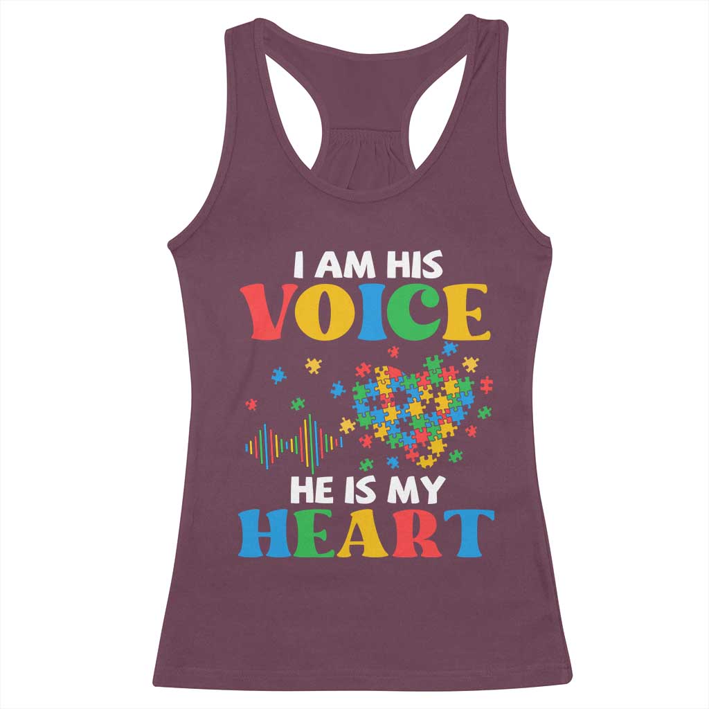 I Am His Voice He Is My Heart Racerback Tank Top Autism Awareness Puzzle Piece TS11 Maroon Print Your Wear