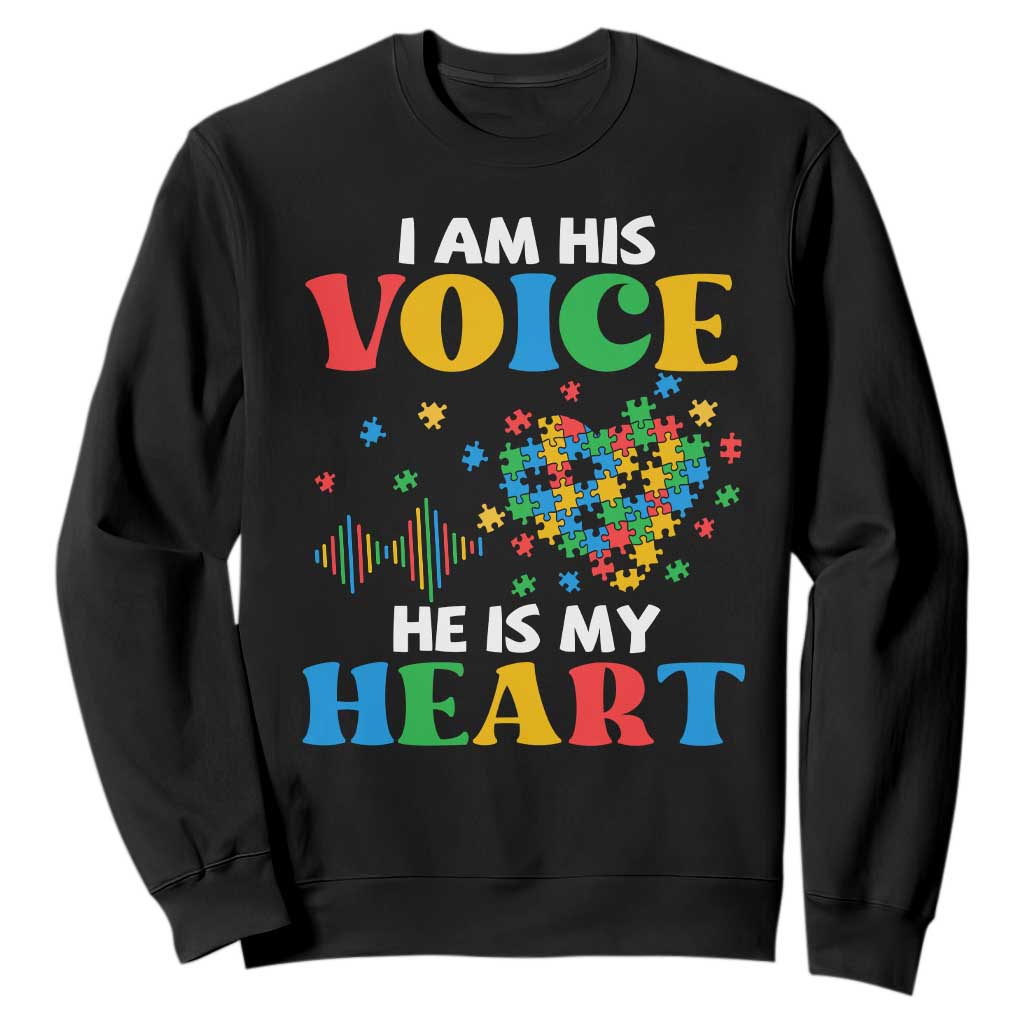 I Am His Voice He Is My Heart Sweatshirt Autism Awareness Puzzle Piece TS11 Black Print Your Wear