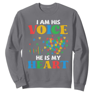 I Am His Voice He Is My Heart Sweatshirt Autism Awareness Puzzle Piece TS11 Charcoal Print Your Wear