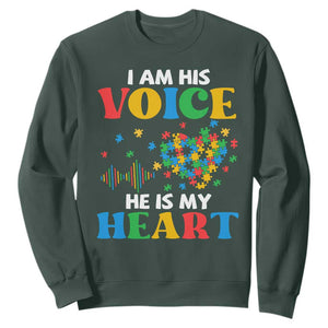 I Am His Voice He Is My Heart Sweatshirt Autism Awareness Puzzle Piece TS11 Dark Forest Green Print Your Wear