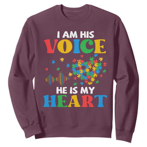 I Am His Voice He Is My Heart Sweatshirt Autism Awareness Puzzle Piece TS11 Maroon Print Your Wear