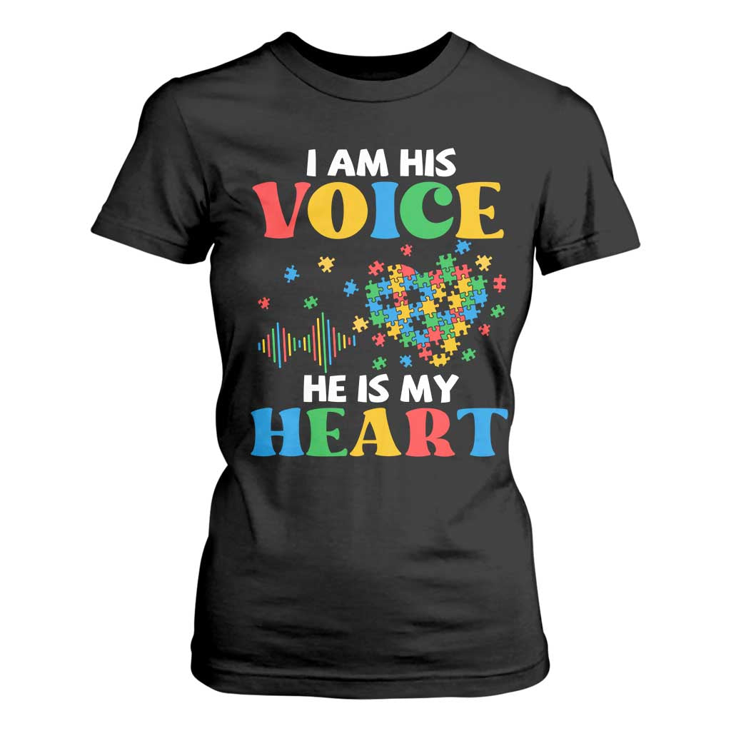 I Am His Voice He Is My Heart T Shirt For Women Autism Awareness Puzzle Piece TS11 Black Print Your Wear
