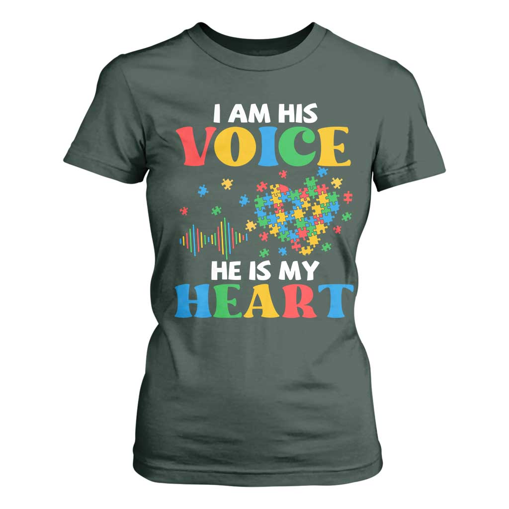 I Am His Voice He Is My Heart T Shirt For Women Autism Awareness Puzzle Piece TS11 Dark Forest Green Print Your Wear