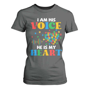 I Am His Voice He Is My Heart T Shirt For Women Autism Awareness Puzzle Piece TS11 Dark Heather Print Your Wear