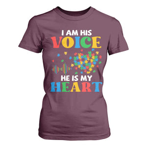 I Am His Voice He Is My Heart T Shirt For Women Autism Awareness Puzzle Piece TS11 Maroon Print Your Wear