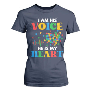 I Am His Voice He Is My Heart T Shirt For Women Autism Awareness Puzzle Piece TS11 Navy Print Your Wear
