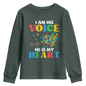 I Am His Voice He Is My Heart Youth Sweatshirt Autism Awareness Puzzle Piece TS11 Dark Forest Green Print Your Wear