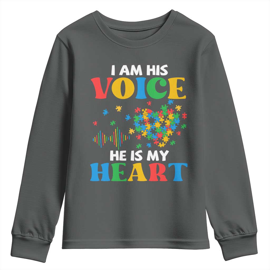 I Am His Voice He Is My Heart Youth Sweatshirt Autism Awareness Puzzle Piece TS11 Dark Heather Print Your Wear