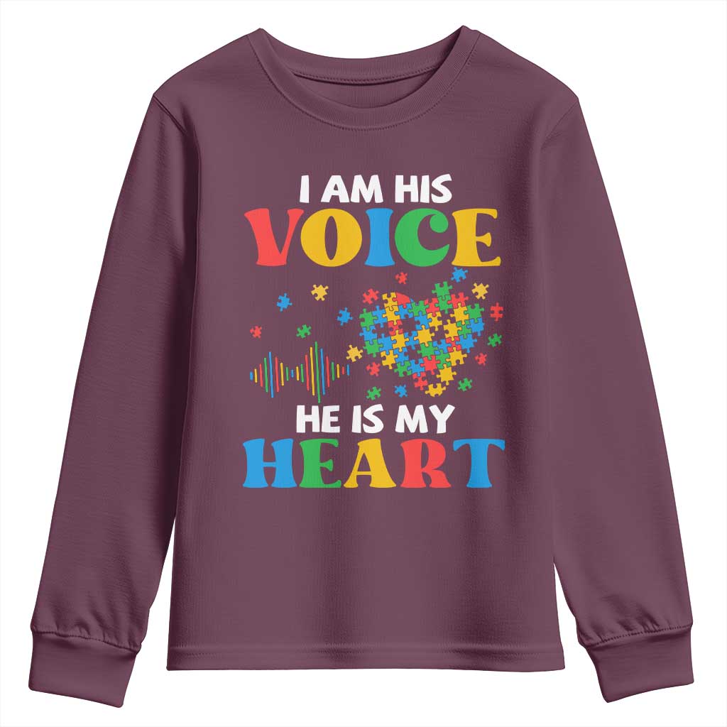 I Am His Voice He Is My Heart Youth Sweatshirt Autism Awareness Puzzle Piece TS11 Maroon Print Your Wear